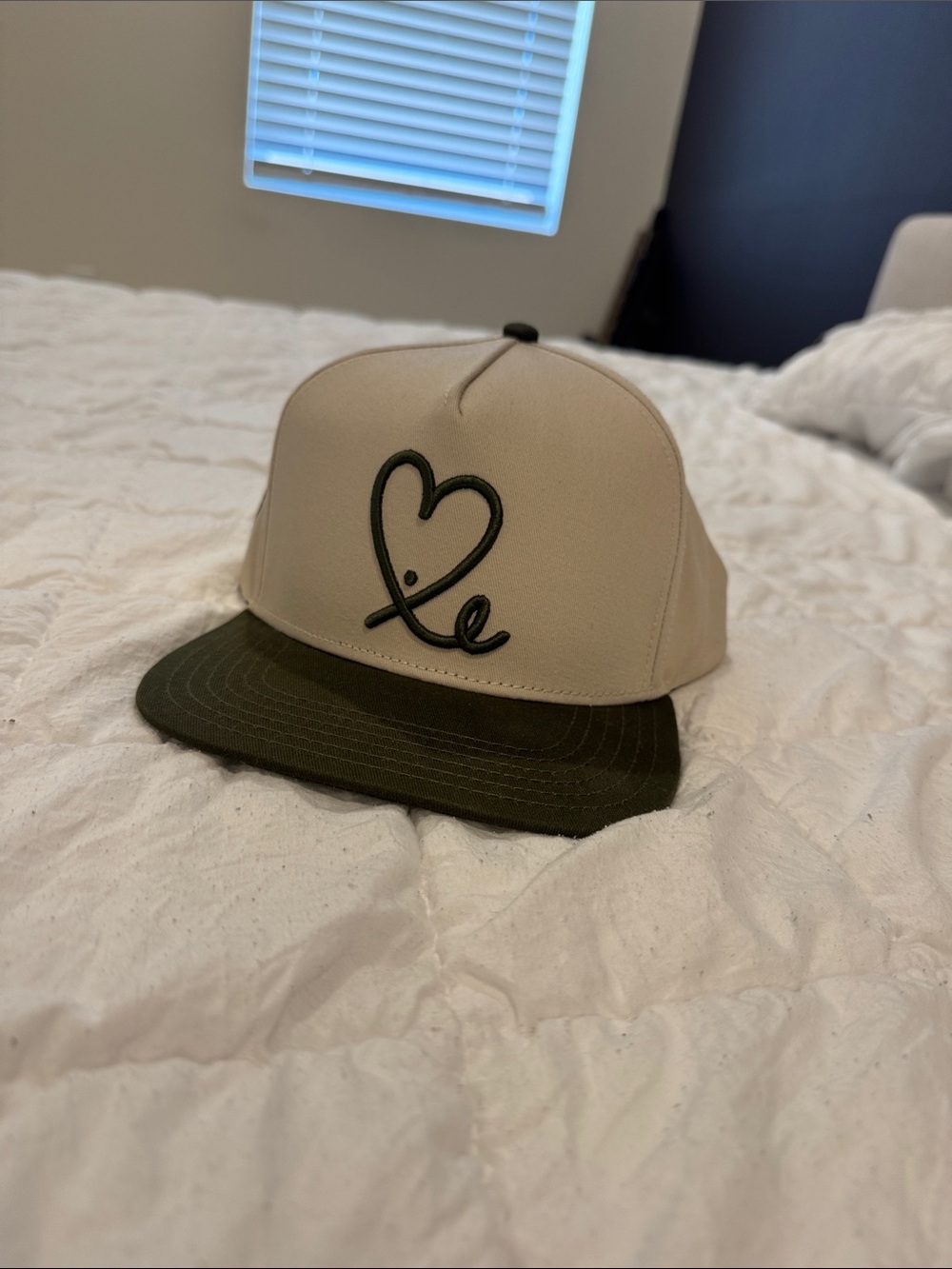 Beige and Olive Two-Tone Heart Logo Snapback Hat